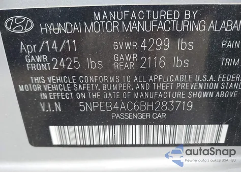 2011 Hyundai Sonata Gls из США, поврежденный, VIN 5NPEB4AC6BH283719